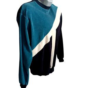 XL Vintage Sweater Campus Crewneck Men's Velour Teal Striped Retro Pullover USA